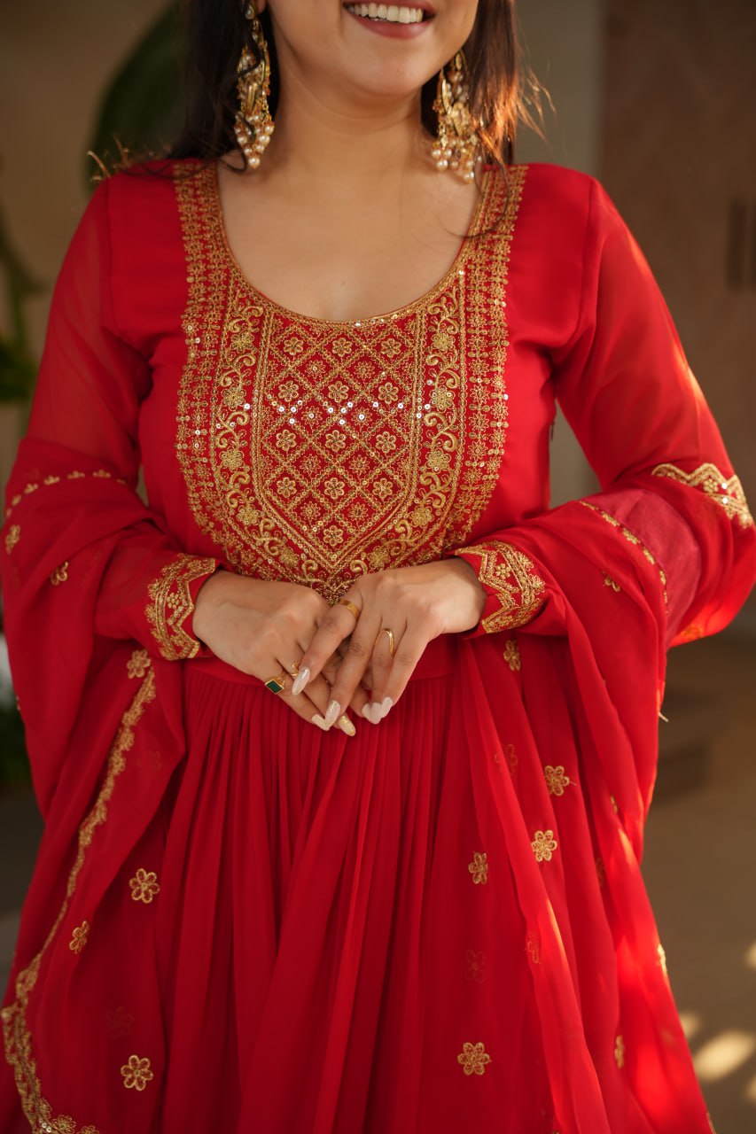 Women's Radiant Red Anarkali Suit Set with Golden Zari & Sequin Embroidery – Perfect for Festive & Wedding Occasions - Image 6